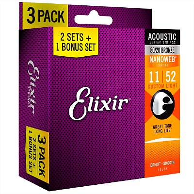 Pack Com 03 Jogos De Cordas Para Violão De Aço Elixir 011 Nanoweb