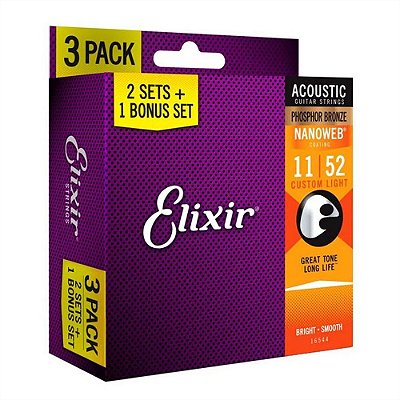 Pack Com 03 Jogos De Cordas Para Violão Aço Elixir Fósforo Bronze 011