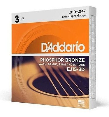 Pack Com 03 Cordas Para Violão Aço Daddario 010 Phosphor Bronze