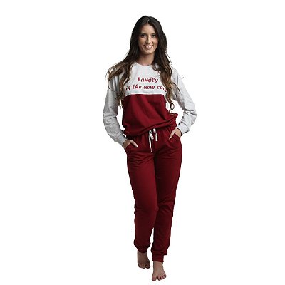Pijama Longo Adulto Feminino Blusa Cinza/Vermelha Calça Lisa