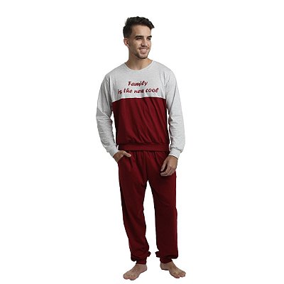 Pijama Longo Adulto Masculino Blusa Cinza/Vermelha Calça Lisa