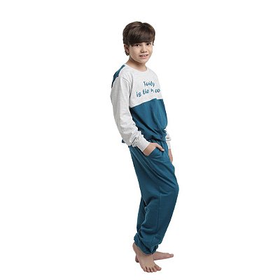 Pijama Longo Infantil Unissex Blusa Cinza/Verde Calça Lisa