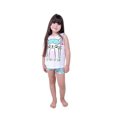 Pijama Curto Infantil Feminino Gatinho com Tapa Olho