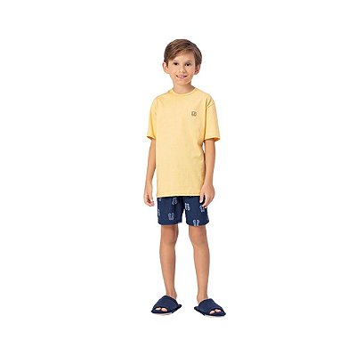 Pijama Curto Infantil Masculino Camisa Amarela com Short Azul