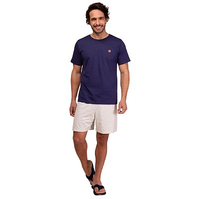 Pijama Curto Adulto Masculino Camiseta Azul Short Branco Plus Size