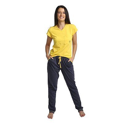 Pijama Longo Adulto Feminino Blusa Amarela E Calça Tons Jeans