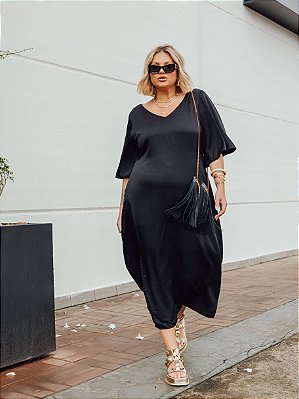 Vestido Cetim Preto Plus Size