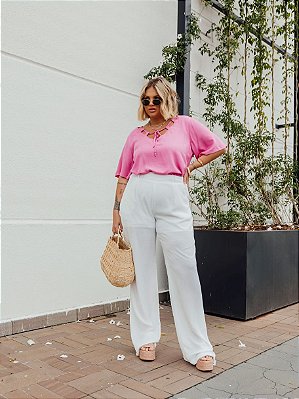 Calça Pantalona Branca Forrada Plus Size