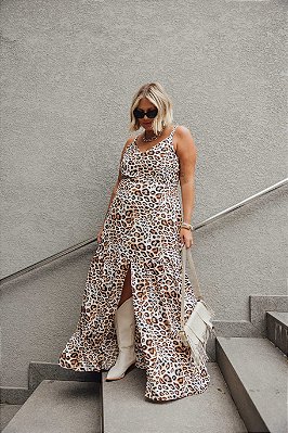 Vestido Longo com Fenda Animal Print plus size