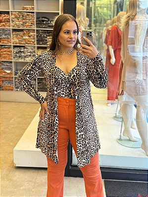 Conjunto Cardigã e Top Animal Print Plus Size