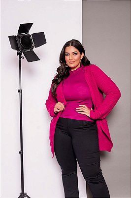 Cardigã Tricô Bolso Frontal Rosa Plus Size