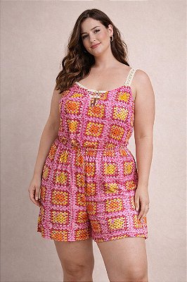 Macaquinho Estampado de Alça Detalhes Renda Plus Size