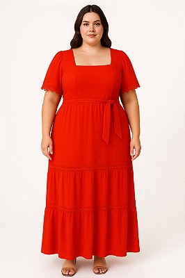 Vestido Longo Detalhe de Renda Plus Size