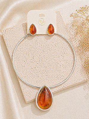 Conjunto Choker com Brinco Metal e Resina Prata