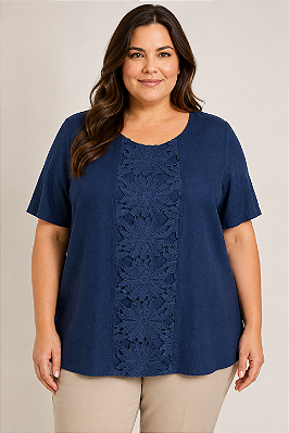 Blusa Renda Flor Recorte Plus Size