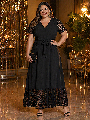 Vestido Longo Liso Decote V Com Botões