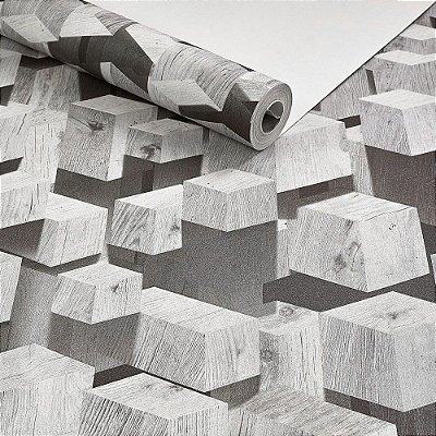Papel De Parede Lavável Texturizado Geométrico Cubos 3d Cinza