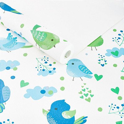 Papel De Parede Infantil Pássaro Nuvem Coração Azul Verde