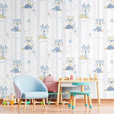 Papel De Parede Infantil Textura Safari Raposa Azul Lavável