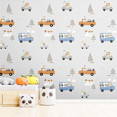 Papel De Parede Quarto Infantil Menino Safari Carro Floresta