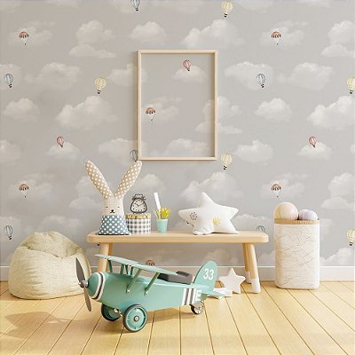 Papel De Parede Infantil Cinza Nuvem Branca Balão Colorido