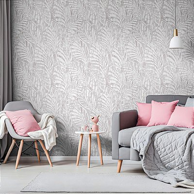 Papel Parede Vinilico Texturizado Off White Folhagem Moderno