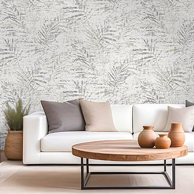 Papel De Parede Vinílico Texturizado Branco Areia Folhagens