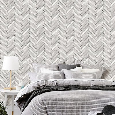 Papel Parede Vinílico Texturizado Branco Cinza Chevron 10m