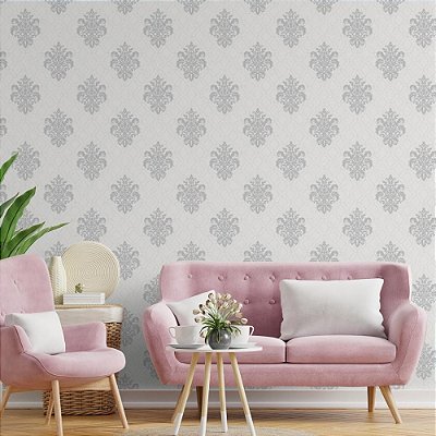 Papel De Parede Texturizado Lavável Off White Arabesco Cinza