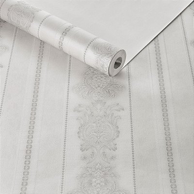 Papel De Parede Lavável Texturizado Listras Arabesco Cinza