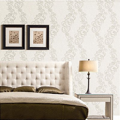 Papel De Parede Vinílico Offwhite Arabesco Bege Com Glitter