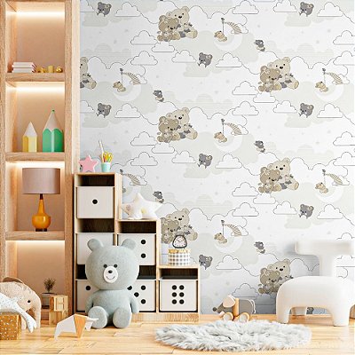 Papel De Parede Infantil Texturizado Ursinho Nuvem Lavável