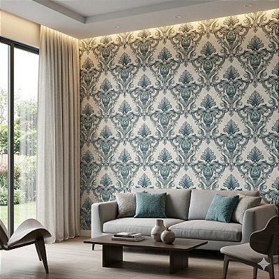 Papel De Parede Importado Textura Arabesco Azul Petróleo