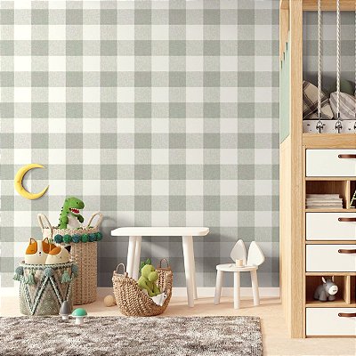 Papel De Parede Vinílico Xadrez Verde Bege Texturizado 10m