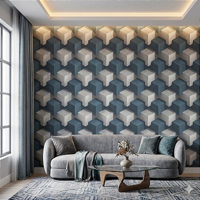 Papel De Parede Vinílico Lavável Geométrico Cubos Azul Cinza