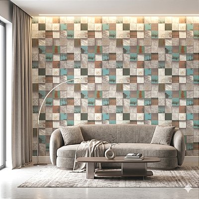 Papel De Parede Importado Textura Mosaico Madeira Cubos 3d