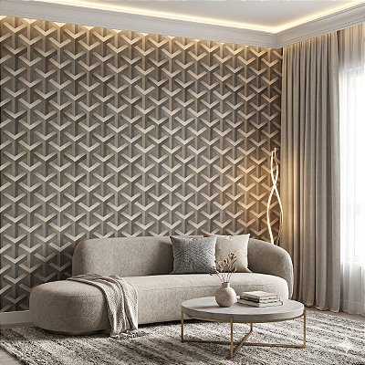 Papel De Parede Texturizado Cinza Dourado Geométrico Rolo