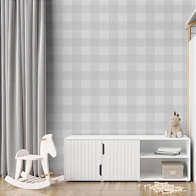 Papel De Parede Alto Padrão Xadrez Cinza Vinílico Lavável