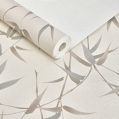 Papel De Parede Texturizado Bege Cinza Folhagens Vinílico
