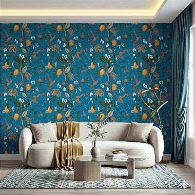 Papel De Parede Vinílico Floral Azul Texturizado Lavável 10m