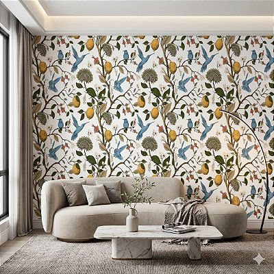 Papel De Parede Vinílico Floral E Pássaros Para Ambientes