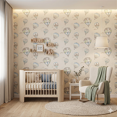 Papel De Parede Importado Infantil Bege Balões Coloridos