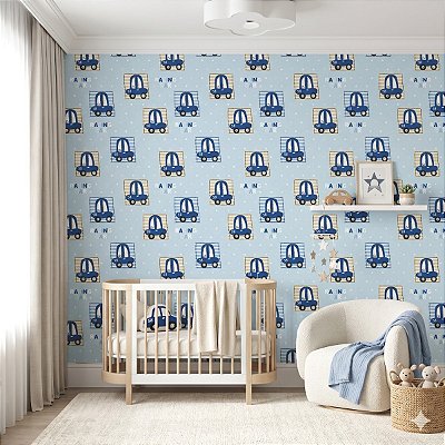 Papel De Parede Importado Lavável Infantil Azul Carros