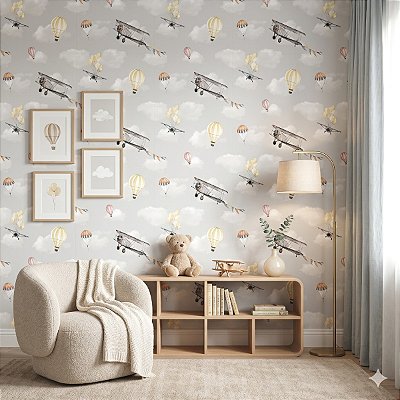 Papel De Parede Infantil Quarto Menino Cinza Aviões Balões