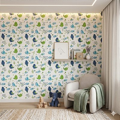 Papel De Parede Infantil Pássaro Nuvem Coração Azul Verde