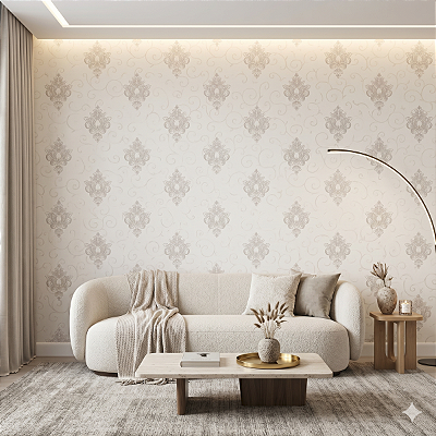 Papel De Parede Vinílico Lavável Off White Arabesco Cinza