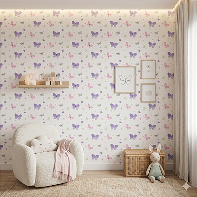 Papel De Parede Borboletas Infantil Lavável Rosa Lilás 10m