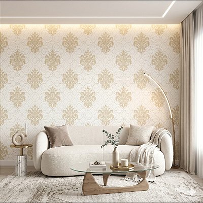 Papel De Parede Lavável Branco Off White Floral Damask Bege