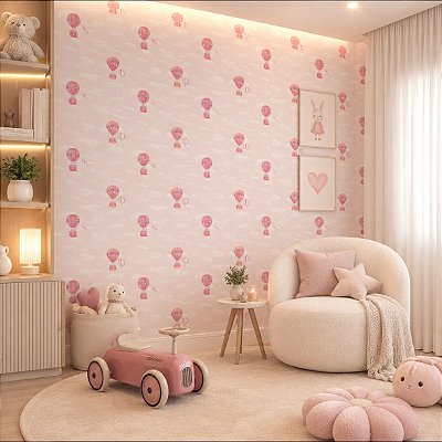 Papel De Parede Infantil Importado Texturizado Balão Rosa