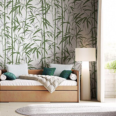 Papel De Parede Bamboo Vinílico Texturizado Verde Lavável